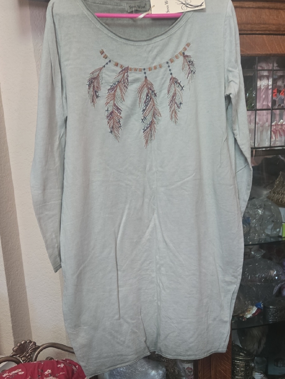 Light Green 0Feather Embroidered Long Sleeve Tunic